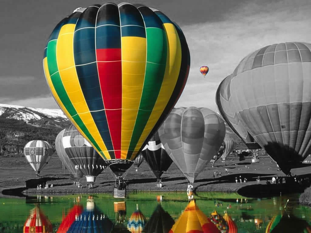 Greyscale and color image - hot air balloons